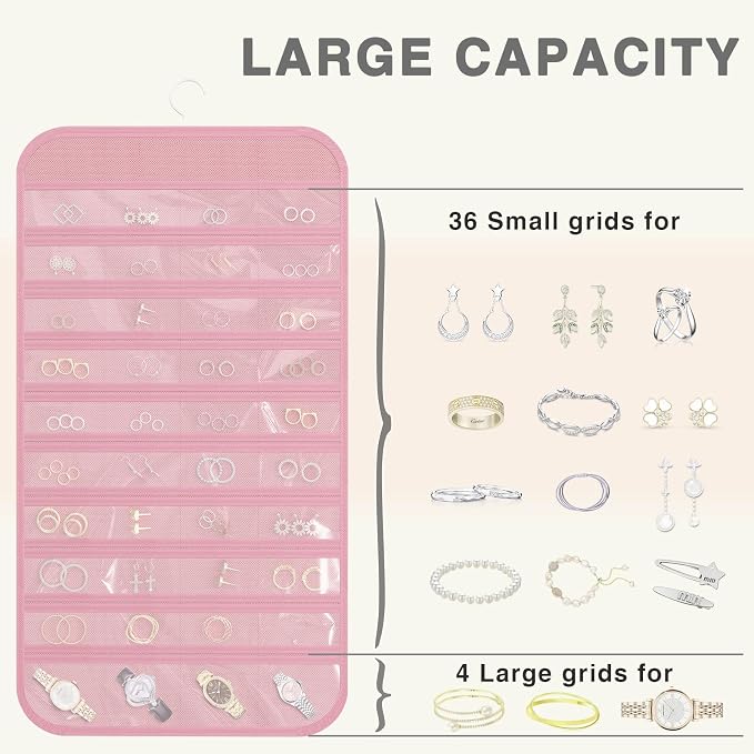 Double-Sided Hanging Jewelry Organizer for Necklaces Earrings, 2-Pack, Pink | Foldable 36 hooks & 40 clear pockets; swivel hook fits walls, doors & rods for earrings, bracelets, rings & small jewelry