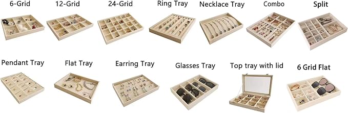 Premium Grade Beige Velvet Jewelry Organization Tray 24 Grids Removable and Rearrangeable Dividers Drawer Insert Closet Organizer Stackable