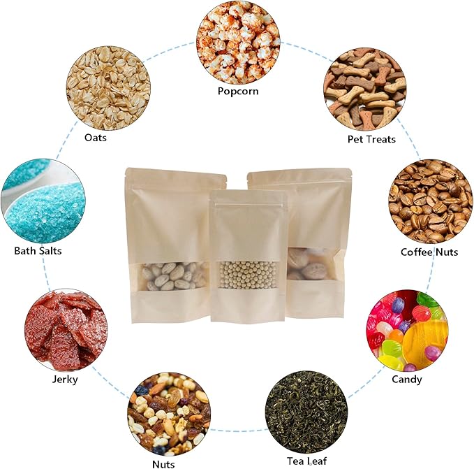 Kraft Paper Zipper Pouches,ULIFESTAR Kraft Stand Up Zip Lock Pouch Bags,100PCS Resealable Bag with Transparent Window and Tear Notch Resealable Bag for Small Business HomeUse,3.5"*5.5"(9 * 14cm+3cm)