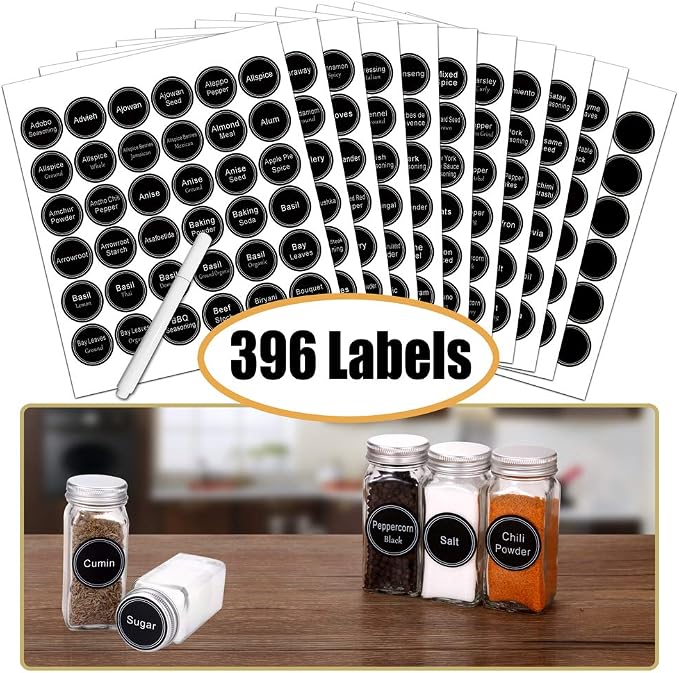 SWOMMOLY Spice Rack Organizer with 32 Glass Spice Jars and 396 Spice Labels | Chalk Marker, Funnel, 32 Pcs 4oz Spice Bottles, 4 Tier Spice Organizer for Cabinet, Countertop, Cupboard or Wall Mount, Black