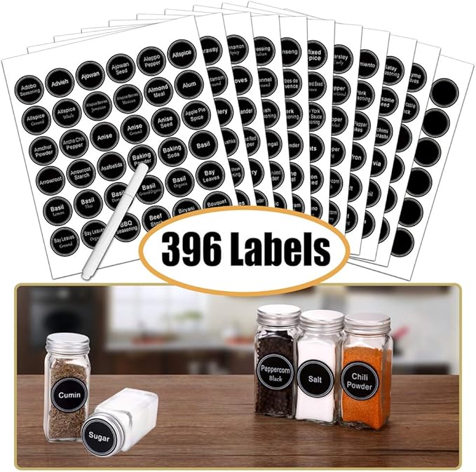 SWOMMOLY 4 Tier Magnetic Spice Rack Organizer with 28 Spice Jars | 396 Spice Labels, Chalk Marker, Funnel Set for Refrigerator, Metal Fridge, Microwave, Cabinet, Countertop,12.9" W x 12.4" H