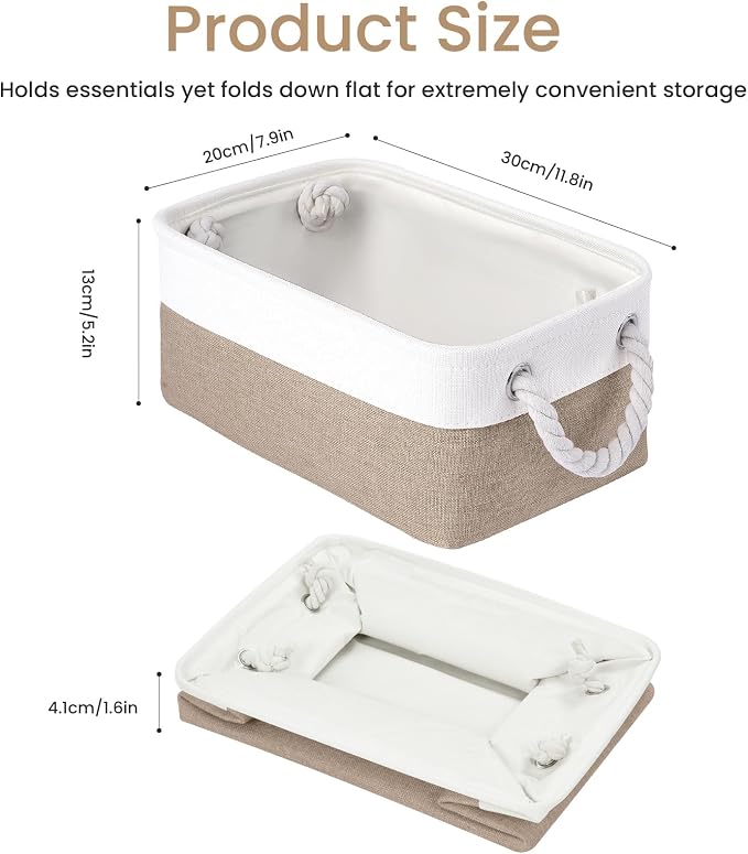 Storage Baskets for Shelves 11.8x7.9x5.2 Inch, Foldable Fabric Storage Bins with Handles, Small Storage Baskets for Organizing Closet, Office, Home Organization (1-Pack, White&Khaki)