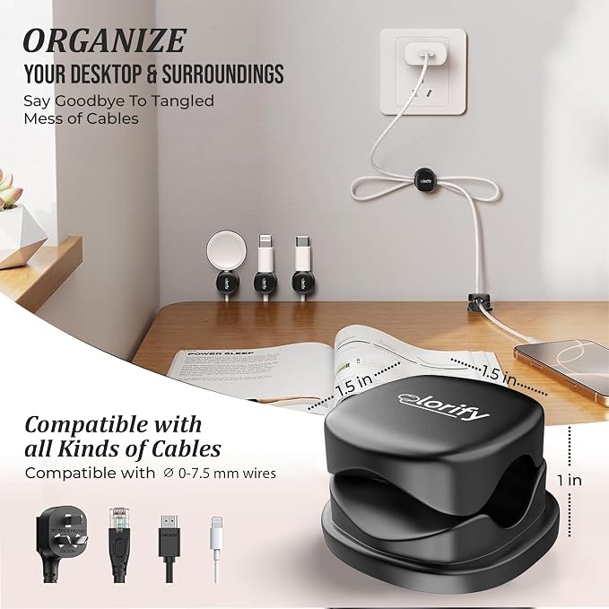 Rotatable Cable Clips 8 Pack Spring Cable Holder Clips 360° Rotatable | 1-Hand Use, Adhesive Cable Clips for Nightstand, Desk, Phone Charger Cord Holder, No-Residue, Fits 2.5–8mm Cables