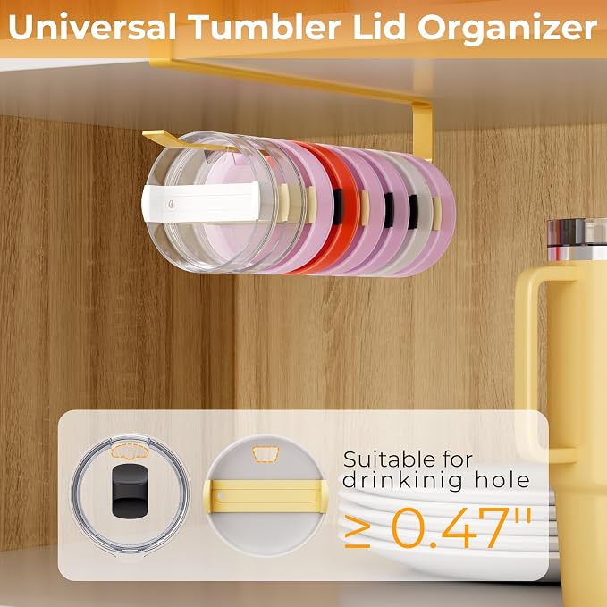 2 PCS Tumbler Lid Organizers, Ample Lid Capacity Up to 30 Lids, No Adhesive No Drill Yeti Lid Organizer Holder Inside Cabinet, Space-Saving Stanley Tumbler Cup Lid Holder Organizer for Kitchen (Gold)
