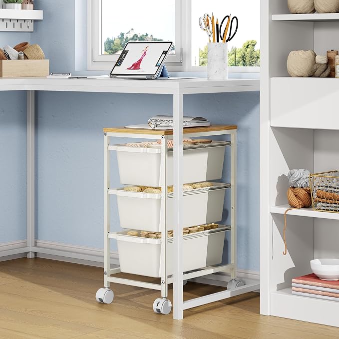 Slim Rolling Storage Cart with 3 Drawers, Craft Organizer, Wooden Tabletop Utility Cart for Bedroom, Children's Room and Office Organization, Under Desk Trolley with Lockable Wheels,White