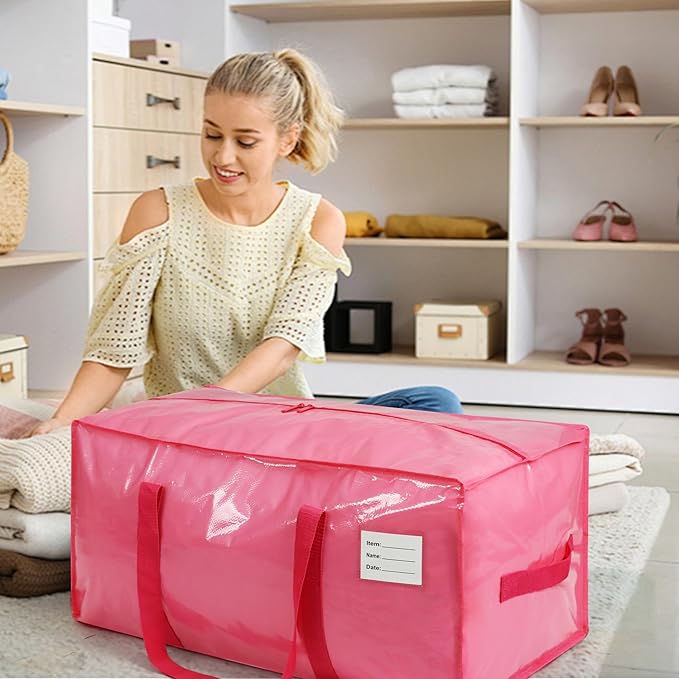 VTSVTS 2 Pack Extra Heavy Duty Large Moving Bags with Comfortable Handle & Strong Zipper,Storage Totes for Space Saving Moving Storage College Supplies Alternative to Moving Box,Pink