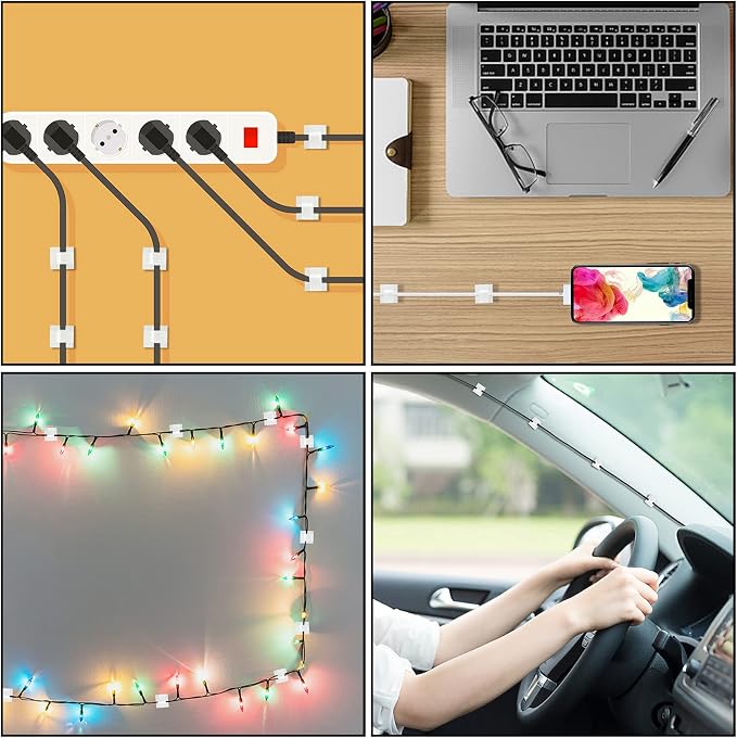 130 Pcs Cable Clips, Adhesive Cable Organizer Cord Holder Wire Clip Wire Management Self Adhesive Hooks Wire Holder for Office, Home(White, 130PCS-Large)
