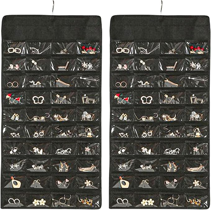 Hanging Jewelry Organizer Storage Earring Jewelry Storage Bag With 48 Pockets Necklace Bracelet Ring Glasses Accessory Display Rack (B80-Black)