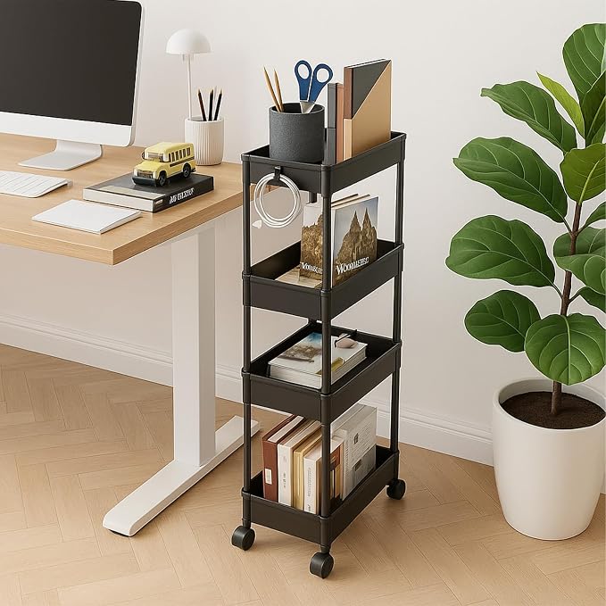 ShellKingdom 4 Tier Bathroom Storage Organizer, Slim Rolling Storage Cart for Narrow Space, Mobile Shelving Unit with Lockable Wheels and Hooks for Bathroom, Kitchen, Laundry Movable Shelf (Black)