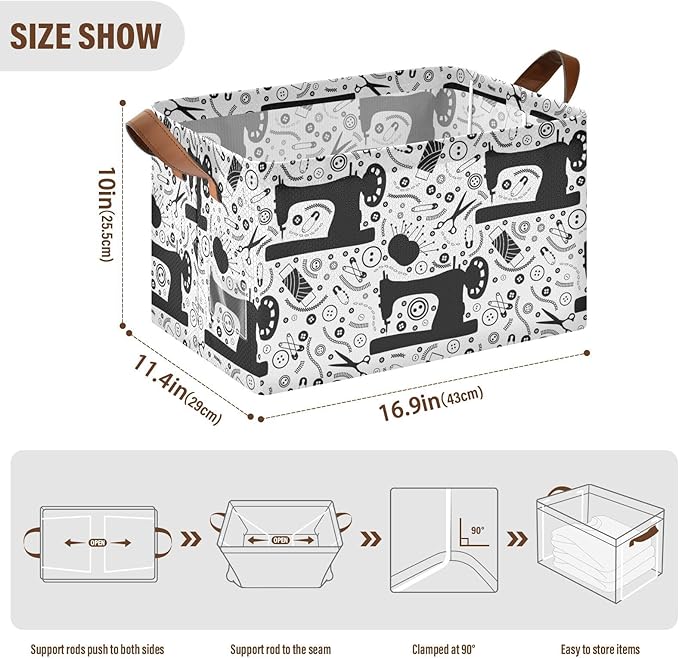 Black White Sewing Tools Printed Storage Basket Foldable Cube Storage Bins with Handles&Label Collapsible Organizer Box Bin Large Rectangle Decorative Baskets for Shelves Home Living Room Closet, 2 PC