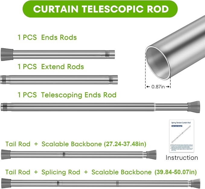 Tension Curtain Rod Silver Tension Rods 28 to 48 Inch Curtain Rods No Drilling White Spring Adjustable Rod Expandable Pressure Tension Rods for Windows Closet