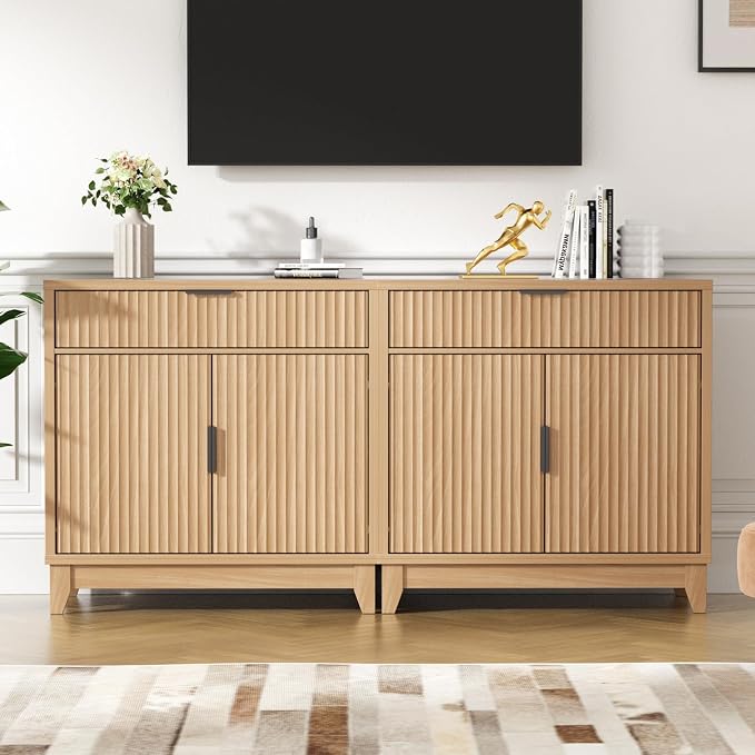 Vabches Fluted Sideboard Buffet Cabinet with Storage, 32" Coffee Bar Console Table with Drawer, Fluted Doors & Adjustable Shelf, Wood Small Buffet Cabinet for Living Room, Kitchen Dining Room, Oak
