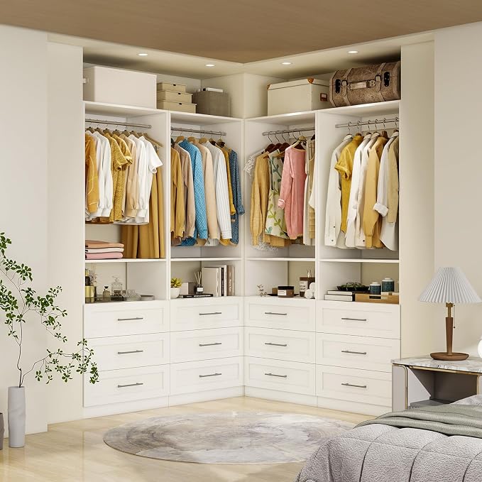 Closet System with Wooden Drawers, 6FT Closet Organize System with Drawers & Hanging Rods &for Walk in Closets, 3PCS*24" Freestanding Closet System, White(6FT)