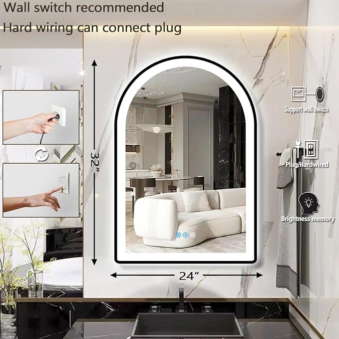 THEKLA 32 x 24 Inch Black Arch Vanity Mirror with Light Black Frame LED Arched Lighted Mirror for Bathroom Wall Mount 3 Color Adjustable Memory Frontlight 32in Black Framed Arch Smart Light up Mirrors