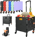 SELORSS Foldable Utility Cart Portable Rolling Crate Handcart Shopping Trolley Collapsible Tool Box with Rotate Wheels Durable Duty Plastic Telescoping Handle Lid for Travel Move Office School(Black)