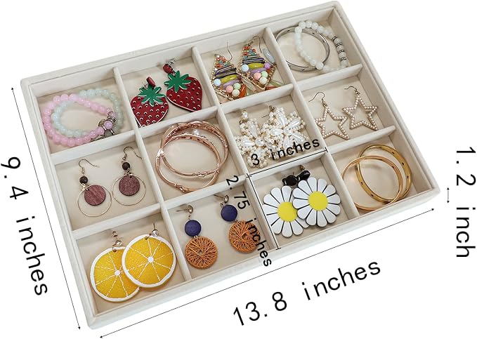 Stratalife 12 Grid Jewelry Organizer Tray, Stackable Drawer Earring Organizer with Adjustable Dividers, Jewelry Display Tray for Necklace Earring Ring Bracelet, 13.8" x 9.4" x 1.2", Beige