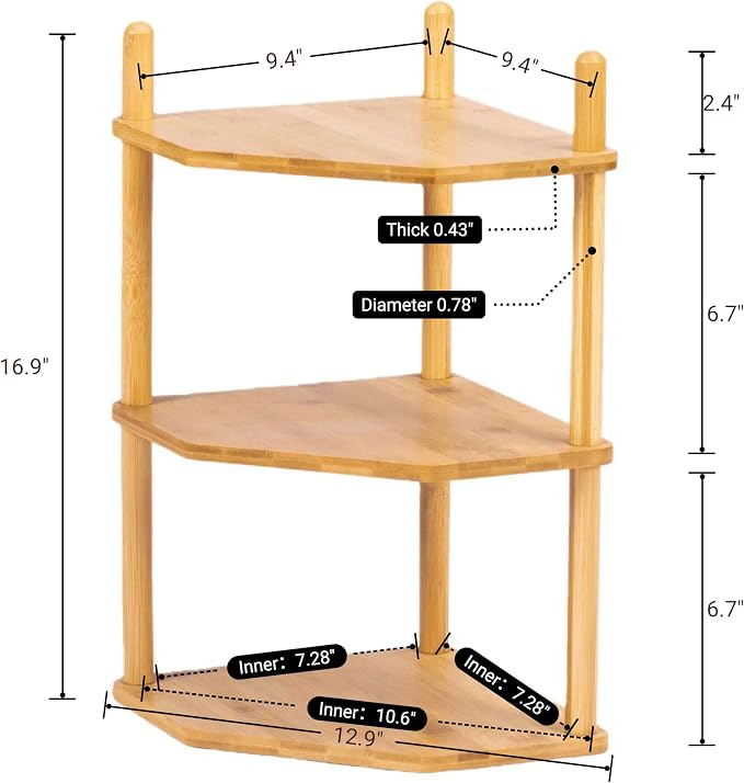 3-Tier Expandable Bamboo Corner Shelf - Dish/Plate Organizer for Cabinet, Kitchen Counter Shelf & Small Kitchen Shelf, Adjustable (Natural, 1-Pc 6.70" H)