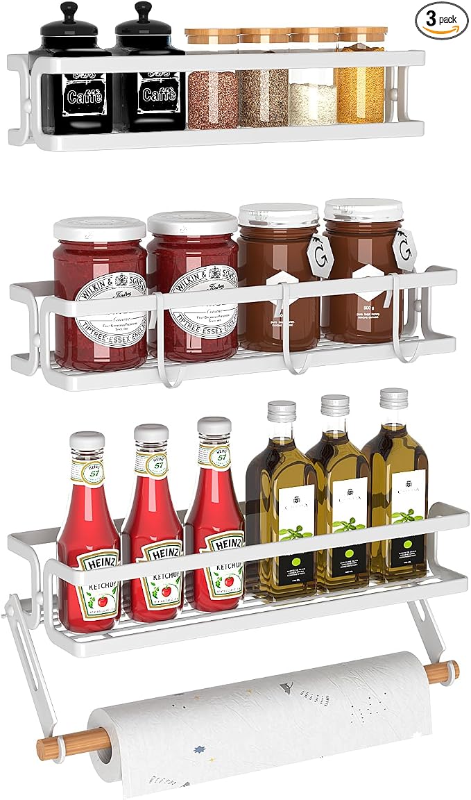 3 Pack Spice Rack Wall Mount, White | Paper Towel Holder and Hooks, Screw or Adhesive Hanging, Space Saving, For Stove, Cabinet, Pantry