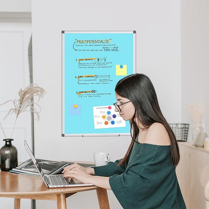 WALGLASS Magnetic Whiteboard 24"x18" Dry Erase White Board for Walls with Pen Tray, Aluminium Frame and Dry-Wipe Writing Surface for School, Home, and Office (Blue)