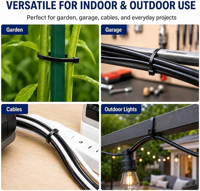 Zip Ties 8 inch, 100 Pack Heavy Duty Black Zip Ties with 100 lbs Tensile Strength, Self-Locking Nylon Cable Ties,Wire Ties for indoor and outdoor use.