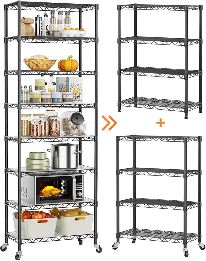 Golpart Shelves Storage Shelf Wire Closet Bathroom Organizers Metal Pantry | 8 tier Kitchen Garage Shelving Unit Laundry Room Organization Home Rack Net Basket Black with Wheels 11.7”D X 22”W X 74.2”H