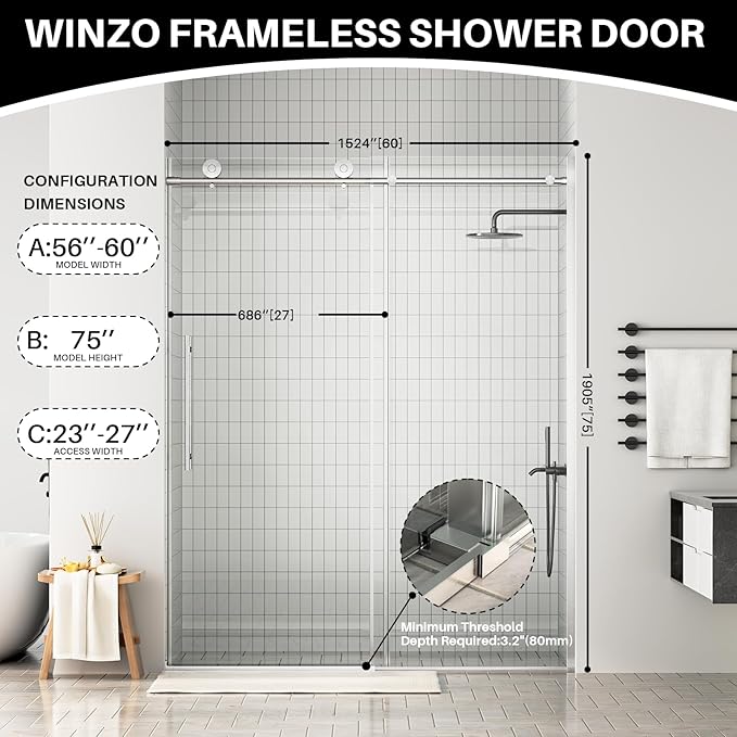 WinZo Frameless Shower Door 56-60 in W x 75 in H, Sliding Shower Door with 5/16"(8mm) Clear Tempered Glass Shower Door, Easy to Clean Bathroom, Silent Soft-Close Design, Brushed Nickel