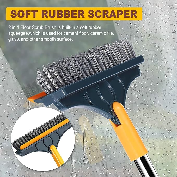 2 in 1 Cleaning Scrub Brush Grout Brush Scrapee 3 Poles 47.6'' Floor Scrub Brush with Long Handle V-Shape Stiff Bristle Brush Scrubber with Squeegee 120°Rotate Shower Scruber for Bathroom Glass