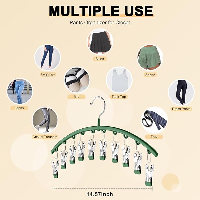 Legging Organizer for Closet, Metal Yoga Pants Hangers 1 Pack w/10 Clips Holds 10 Leggings, Space Saving Hanging w/Rubber Coated Closet Organizers and Storage, Green