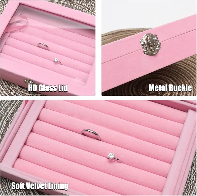 Small Velvet Jewelry Tray with Clear Lid, Lockable Ring Earring Holder Organizer Storage Box Case Jewelry Box Organizer for Rings Earrings Bracelets Brooches, 8 Rolls Pink