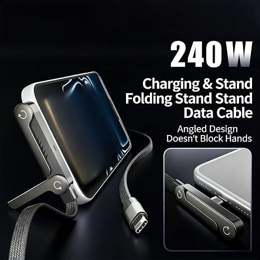 Invisible Holder Charger Cable, 240W PD Fast Charging Cable for Desk, USB-C to USB-C & USB to USB-C Cable 4.9 FT with 360° Adjustable Metal Stand, 2 in 1 Holder Charger for Gaming, Office, Home