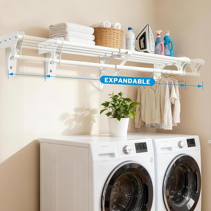 Steel Closet Shelf with Hanging Rod, 40-73'' Expandable Closet Shelves | Back Wall & Side Wall Mounted, Heavy Duty Storage Rack Holds 220 lbs, Adjustable DIY Closet Rod with Shelf Divider Separator