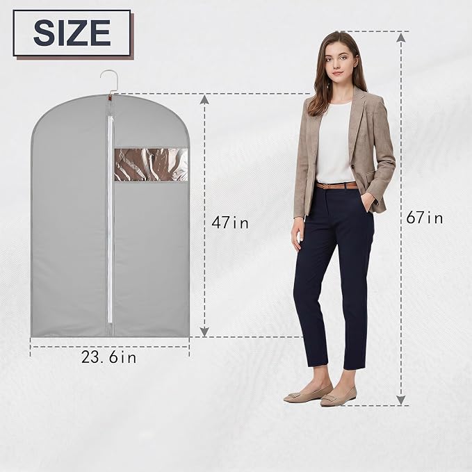 47Inch Garment Bags Covers, Gray Hanging Clothes Bag, Suit Cover Bags with Clear Window for Hanging Closet Clothes Storage and Travel (1, Gray, 47 inch)