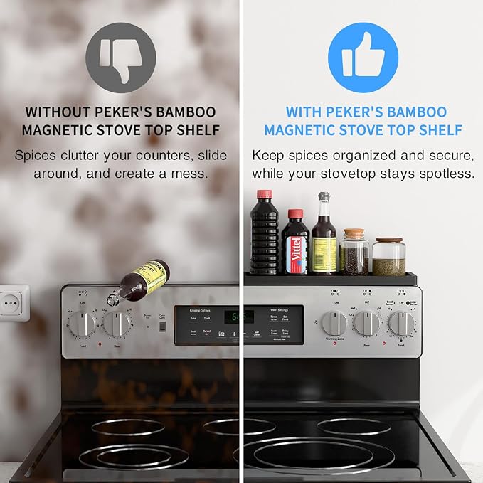 PEKER Magnetic Stove Top Shelf for 30" Stoves, Over Oven Shelf Above with Bamboo Spice Rack Organizer, Heat-Resistant, Space-Saving Solution for Kitchen Storage