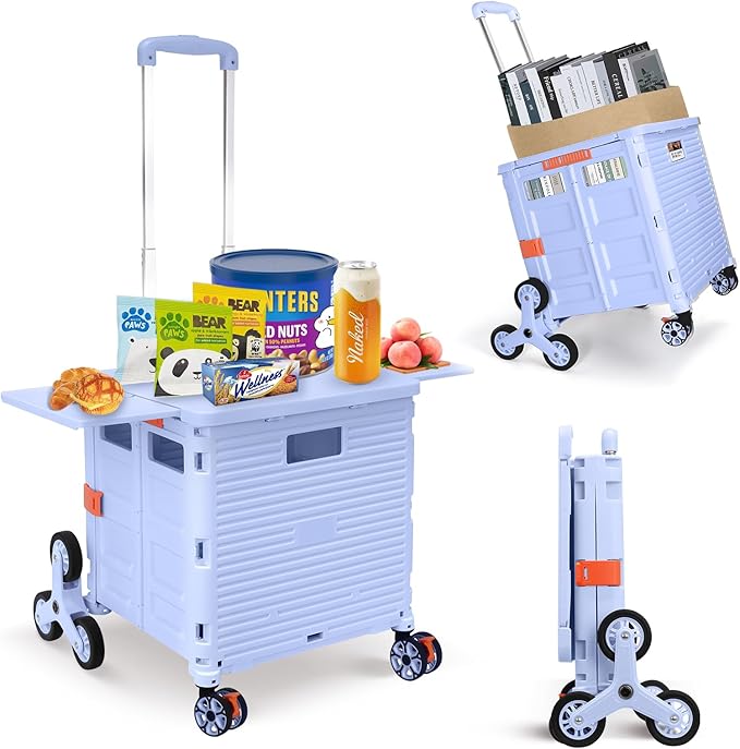 Foldable Utility Cart Collapsible Portable Crate Rolling Carts with Stair Climbing Wheels Tote Basket with Magnetic Lid Telescopic Cover Wear-Resistant 360°Rotate Wheel Noiseless for Shopping Office