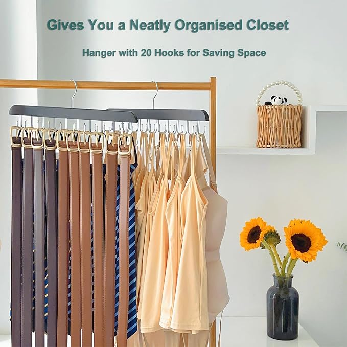 2 Pack Belt Hanger for Closet Organizer,Belt Organizer for Closet | Wooden Belt Storage Organizer with 20 Metal Hooks for Space Saving,Foldable Belt Holder for Belts,Tank Tops,Ties(Black)