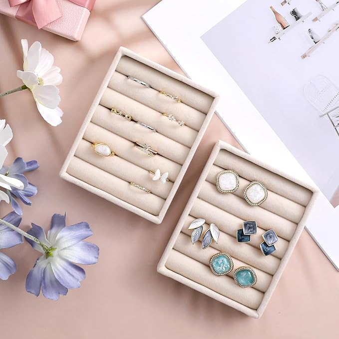 2pcs Ring Holder Display Small Ring Organizer for Jewelry Rings TrayRings Holder Display Tray Velvet Rings Earrings Insert Holders for Girl Store Selling or Home Show Storage Jewelry Box Drawer(Beige)