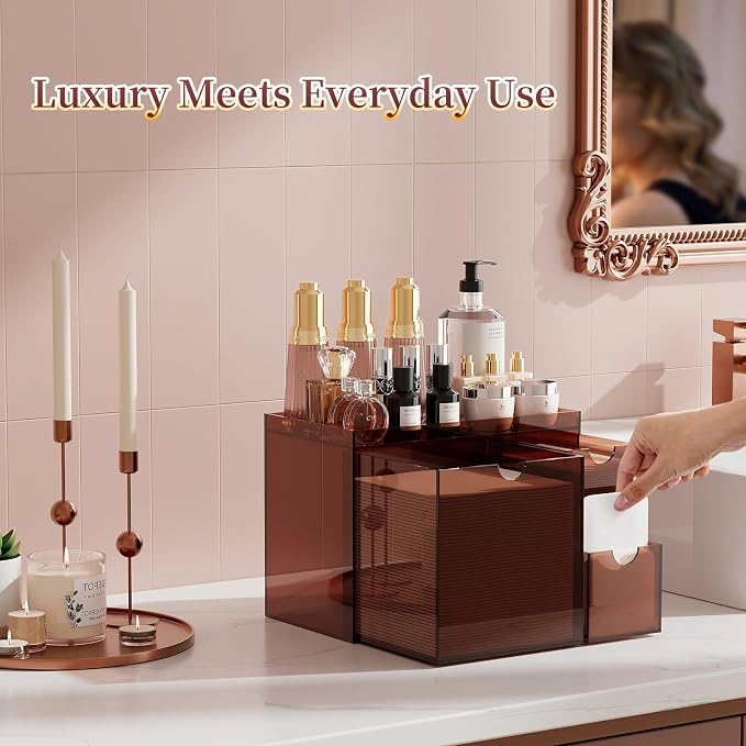 Youdepot Amber Acrylic Face Towel Holder with 3 Drawers | Disposable Face Towel Organizer for XL Facial Towels, Cotton Pads, Swabs, Skincare Tools, Bathroom Vanity Countertop