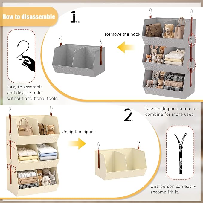 3-Tier Hanging Closet Organizer, Extra Large Fabric Closet Shelves with Zipper, Foldable Closet Storage Organizer for Clothes, Handbags, Socks, Underwear, Dorm Room and RV,Grey- 1 Pack