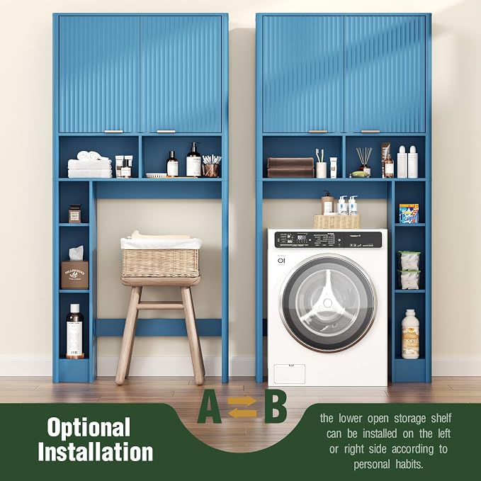 AKMAKM 31" W Over the Toilet Storage Cabinet with Fluted Door, Blue Bathroom Organizer with Adjustable Shelf, Toilet Paper Holder Stand Wave Door for Restroom, Laundry Room