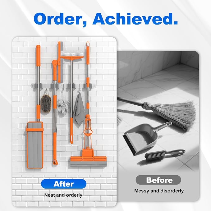 Broom Holder Wall Mount Mop Organizer, 4 Racks 3 Hooks, 2 Pack | Premium Stainless Steel Broom Hanger for Durable Rustproof Tool Rack Storage in Home, Kitchen, Garden, Laundry, Garage