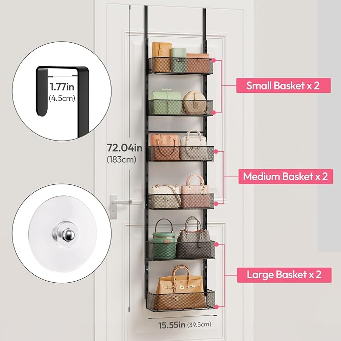 SWTYMIKI Over The Door Purse Organizer - Wall Mounted Purse Rack with 6 Adjustable Metal Basket, Hanging Bag Rack for Handbag Organizer, Bag Storage Can Use As 1/2 Part, for Door
