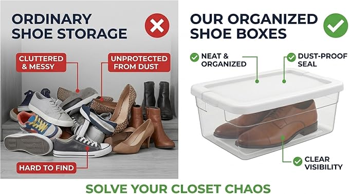 Storage Bins with Lids, 10 Pack 6 Qt Clear Plastic Stackable Shoe Boxes, Lid Organizer for Garage, Craft Supplies and Closet Storage, White