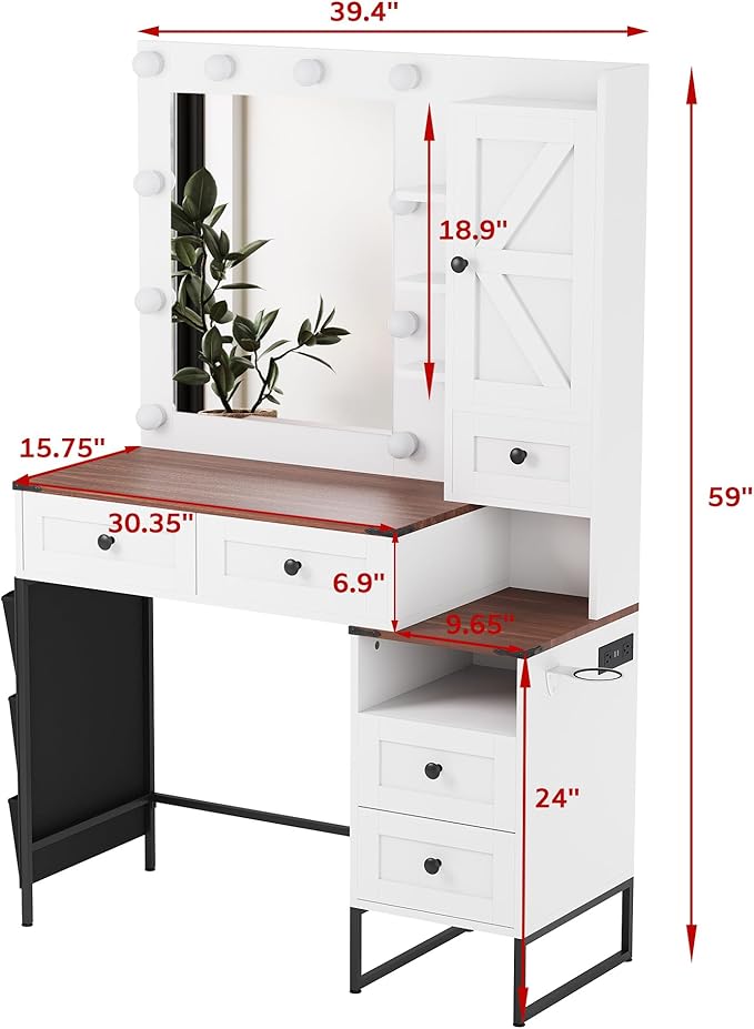 YIKEHOME Makeup Vanity Desk with Mirror and 10 Lights, 3-Colour Hollywood Brighter Bulbs, Vanity Table Set with Large Drawers and and Charging Station for Bedroom Dressing Room White