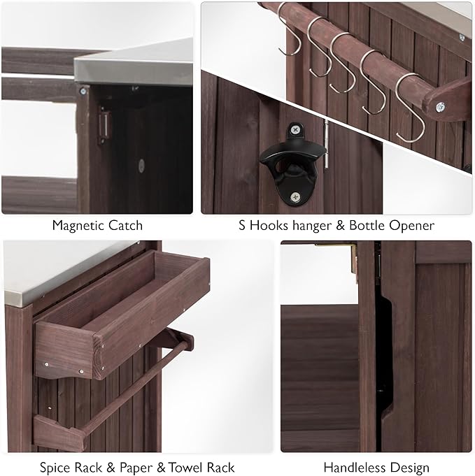 Amposei Outdoor Grill Cart Table for Large Big Green Egg Accessories 66.5’’ Solid Wood Kitchen Storage Island Prep Station with Stainless Steel Top for BBQ, Dark Brown