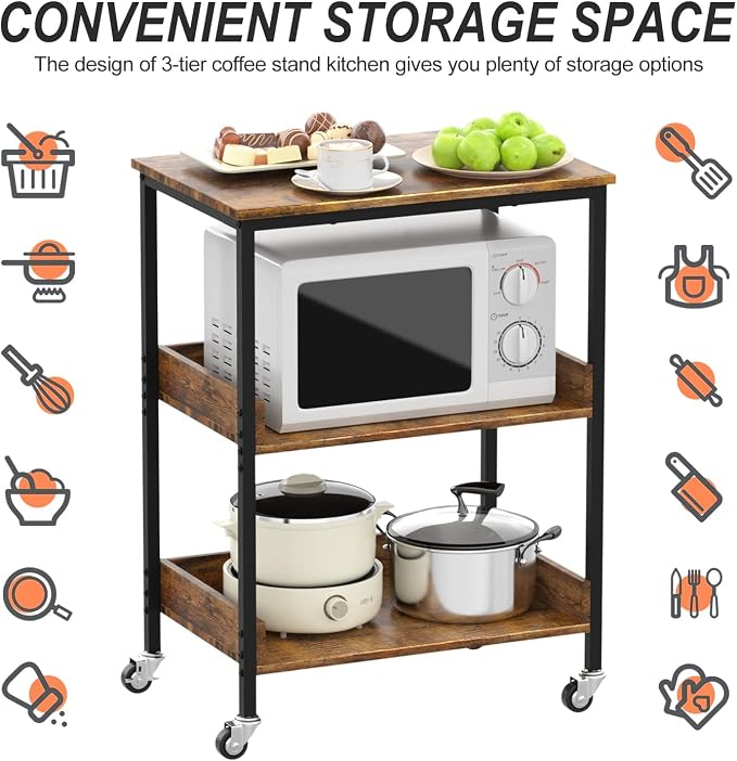 ASTARTH 3-Tier Rolling Kitchen Microwave Cart | Microwave Stand with Wheels, Small Kitchen Storage Island, Living Room Coffee Bar Cart, Rustic Brown
