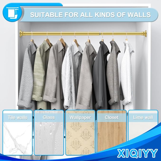 Gold Shower Curtain Rod 28-48 Inches, Adjustable Tension Rod | Spring Tension Sets It in Place with No Drilling, Built in Stainless Steel