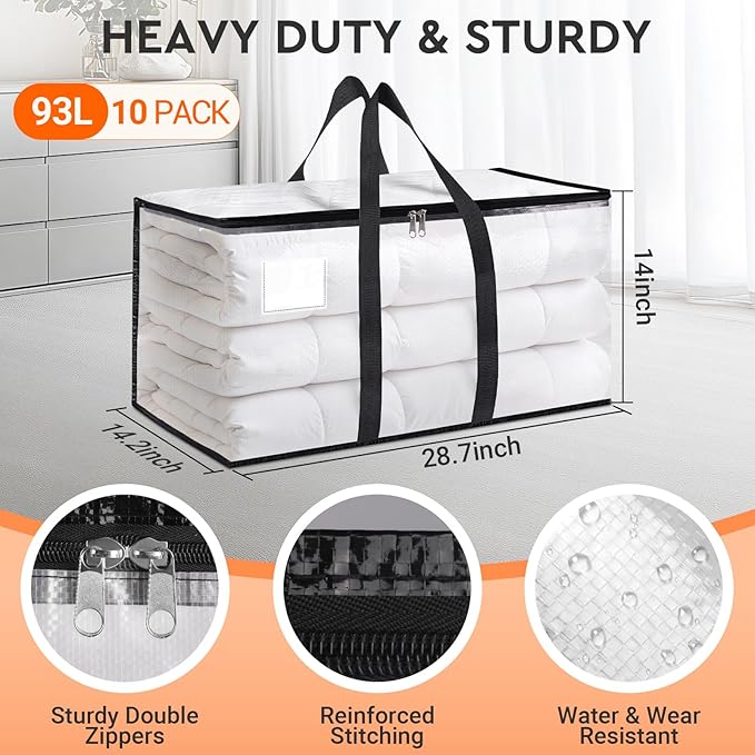 HomeHacks Clear Moving Bags Heavy Duty 10 Pack, Storage Bags with Zipper, Extra Thick Handles & Waterproof Packing Boxes for Moving, Camping, Home Organization 93L/24Gal (28.7"x14.2"x14")