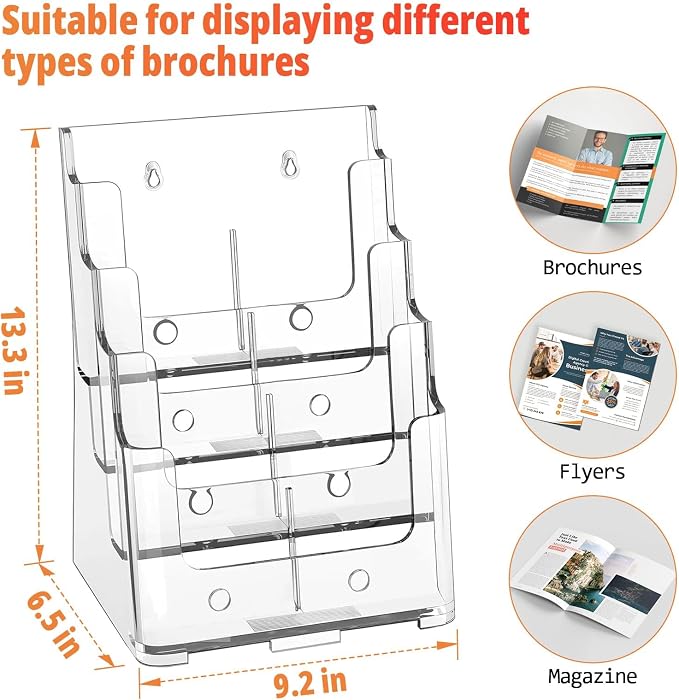 FUCDTEFC Acrylic Brochure Holder 8.5x11 & 4 x9 Inches, Clear 4 Tier Magazine Holder Brochure Display Stand w Removable Divider, Literature Pamphlet Flyer Holder for Wall Mount or Countertop