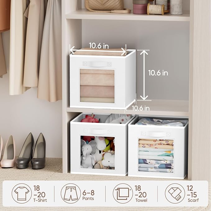 Homsorout Storage Cube 11 Inch - Cube Storage Bins with Window, Closet Storage Baskets with Handle, Fabric Bins for Closet, Shelves, Toys, Clothes, Set of 16, White