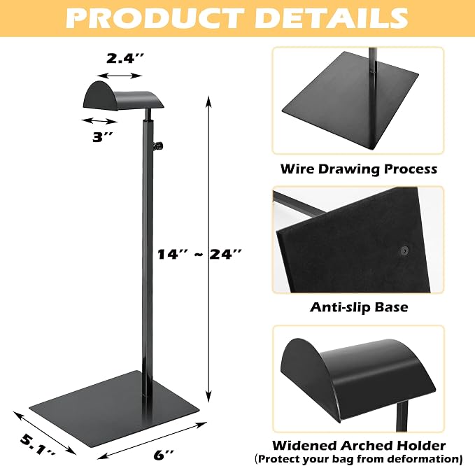 Royxen 3 Pack Purse Holder, Purse Display Stand with Adjustable Height, Bag Stands for Display, Stainless Steel Purse Rack for Bags Organizer (Black)